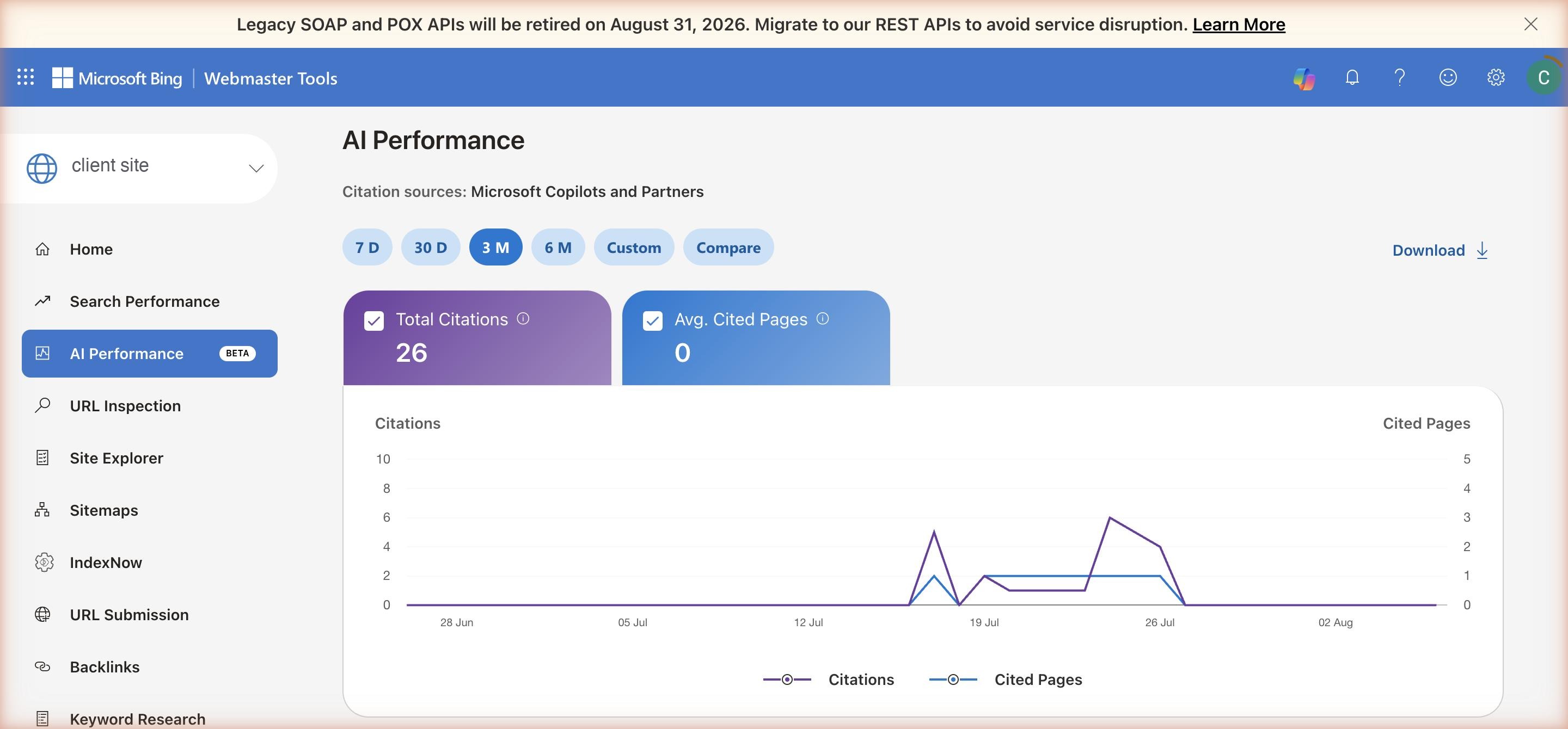 Bing Webmaster Tools AI Performance overview for the client site, with the domain redacted: 26 total Copilot citations in the 3-month window, with citation activity beginning mid-July 2026