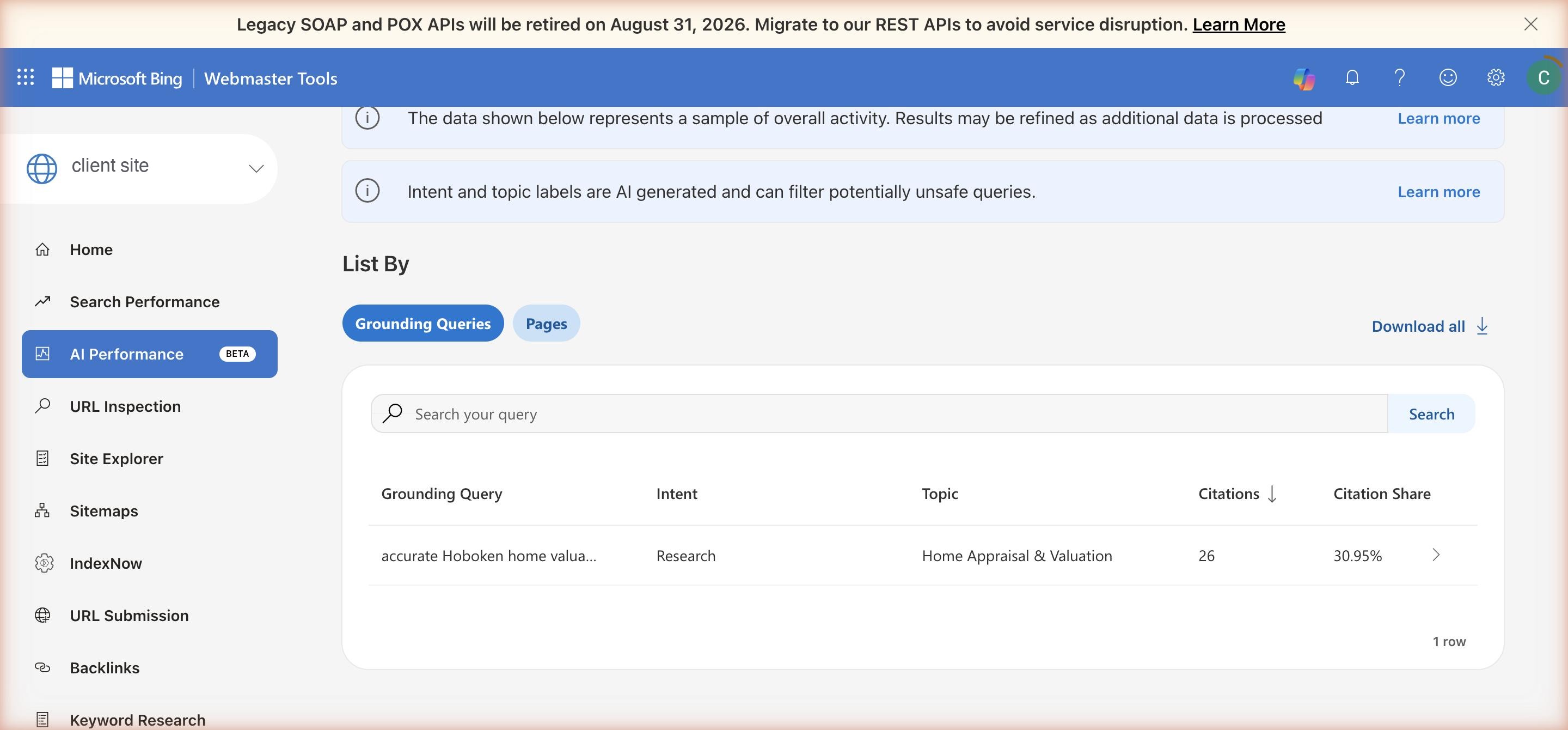 Bing Webmaster Tools grounding query table with the client domain redacted: accurate Hoboken home valuation, Home Appraisal and Valuation topic, 26 citations, 30.95% citation share